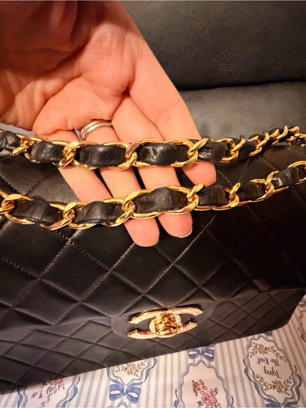 Vintage Jumbo CHANEL Black Quilted Leather Shoulder Bag with Gold Chain - Picture 2 of 16